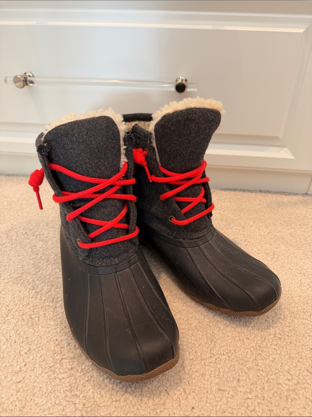 Sperry Black Winter Duck Boots with Red Laces